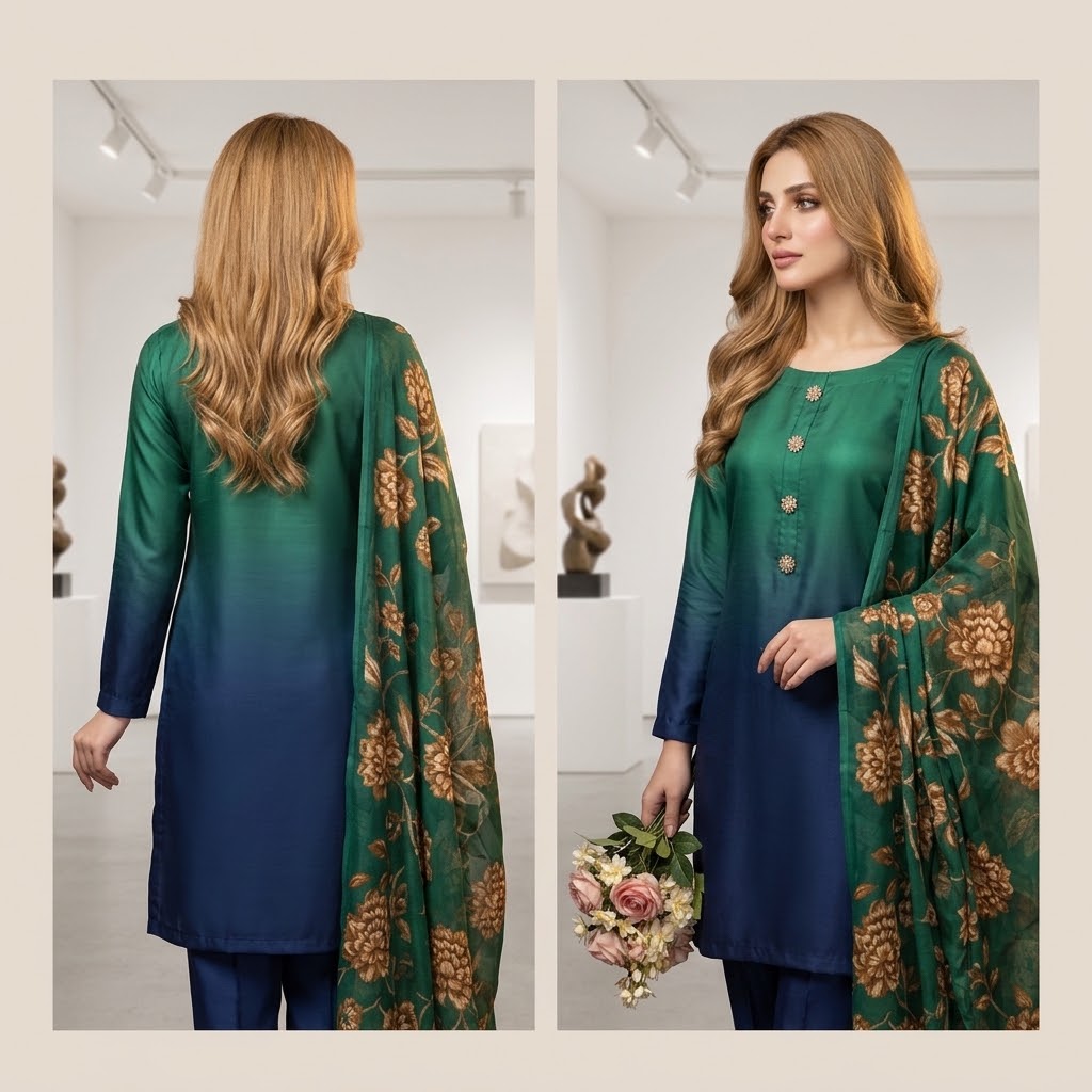 3-Piece Multishaded Digital Printed Silky Airline Suit - Design 17 Elevate your style with this elegant 3-piece multishaded digital printed Silky Airline suit. Featuring a beautiful blend view 2