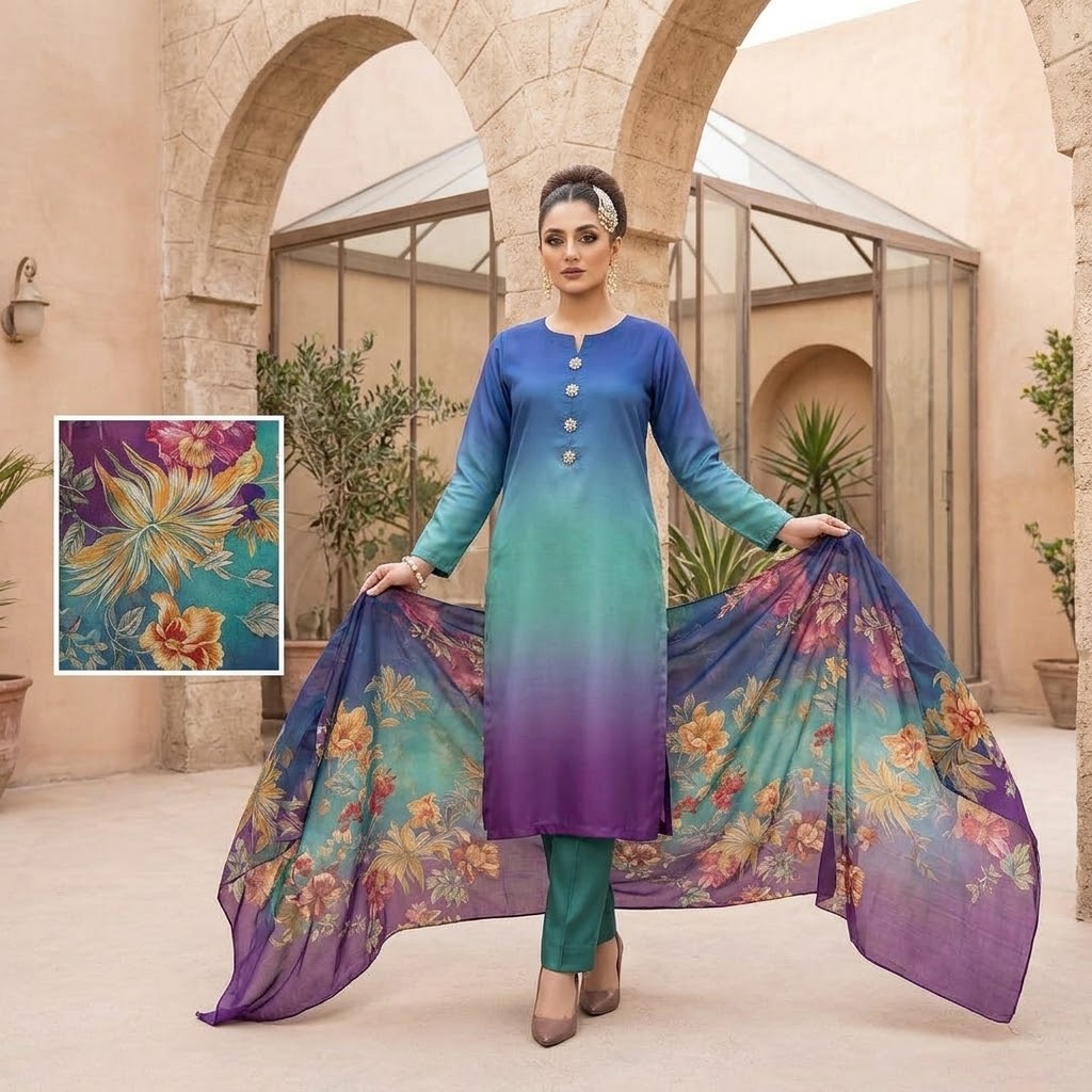 3-Piece Multishaded Silky Airline Suit (Unstitched) – Design 19 | Premium Soft Silk Dress Set