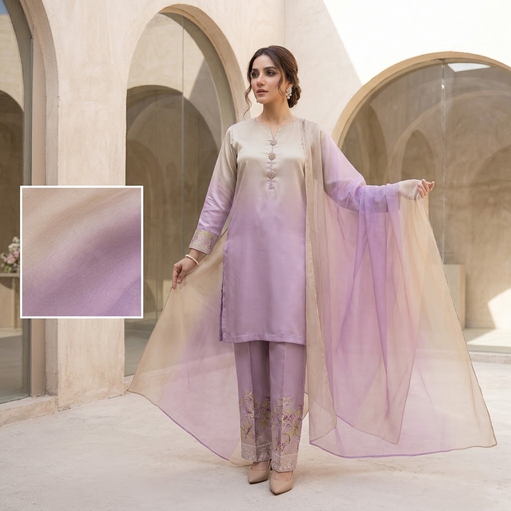 3-Piece Multishaded Silky Airline Suit (Unstitched) – Design 20 | Premium Soft Silk Dress Set view 3