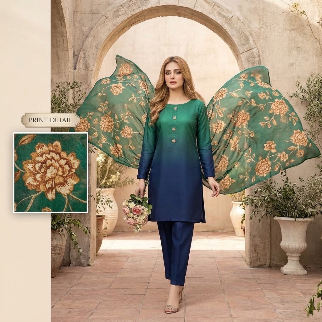 3-Piece Multishaded Digital Printed Silky Airline Suit - Design 17 Elevate your style with this elegant 3-piece multishaded digital printed Silky Airline suit. Featuring a beautiful blend