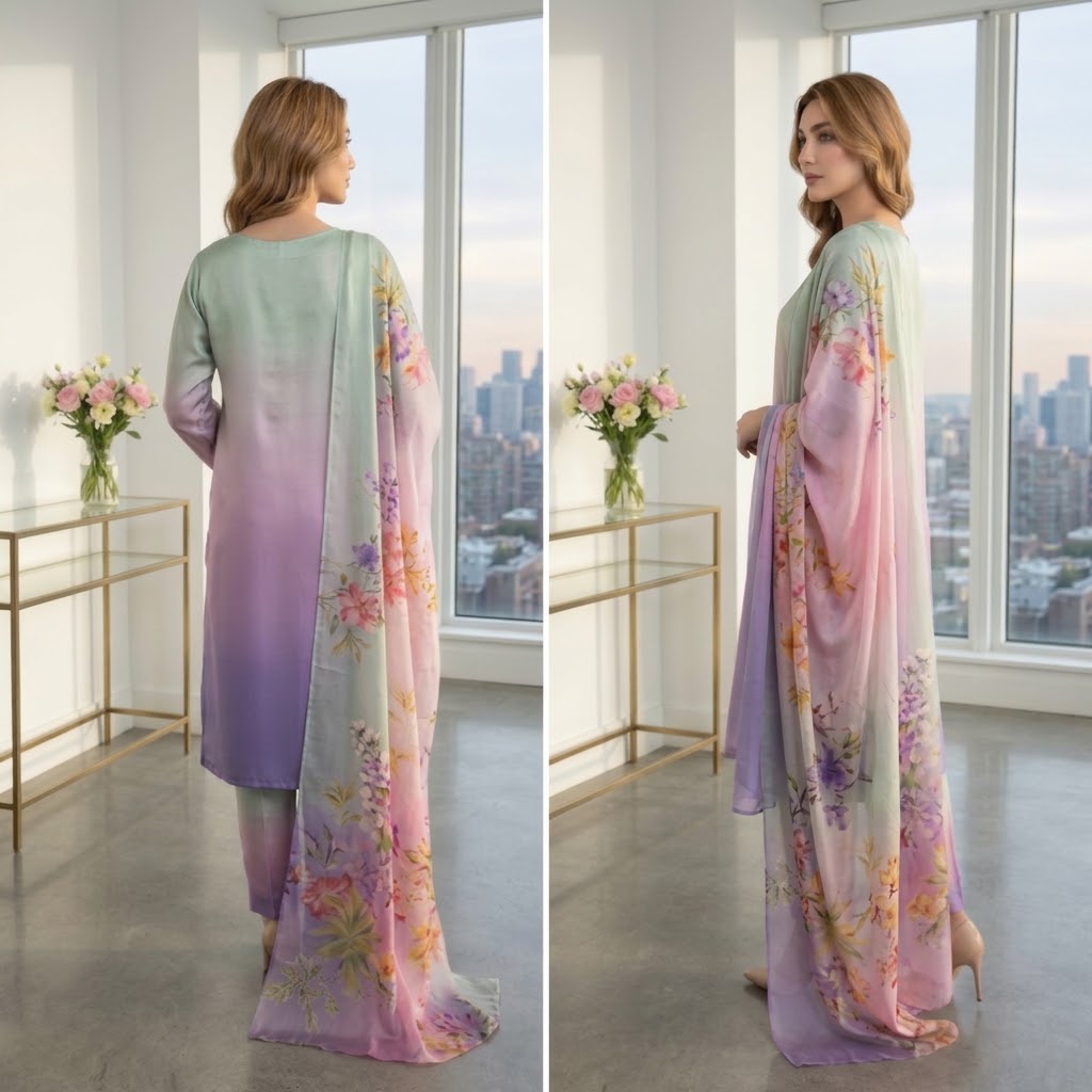 3-Piece Multishaded Silky Airline Suit (Unstitched) – Design 23 | Premium Soft Silk Dress Set