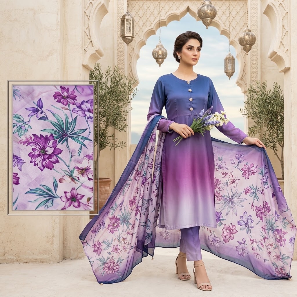 3-Piece Multishaded Digital Printed Silky Airline Suit - Design 14 Elevate your style with this elegant 3-piece multishaded digital printed Silky Airline suit. Featuring a beautiful blend