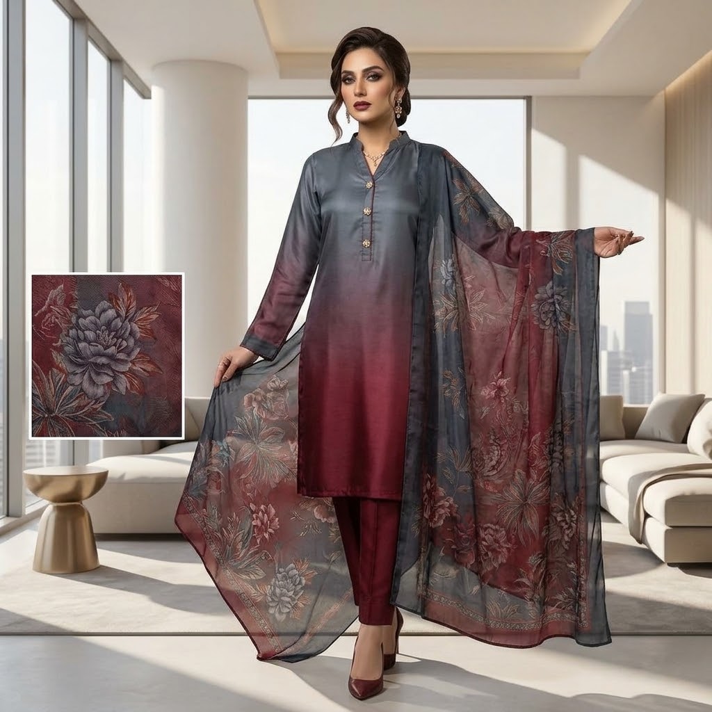 3-Piece Multishaded Digital Printed Silky Airline Suit - Design 15 Elevate your style with this elegant 3-piece multishaded digital printed Silky Airline suit. Featuring a beautiful blend view 2
