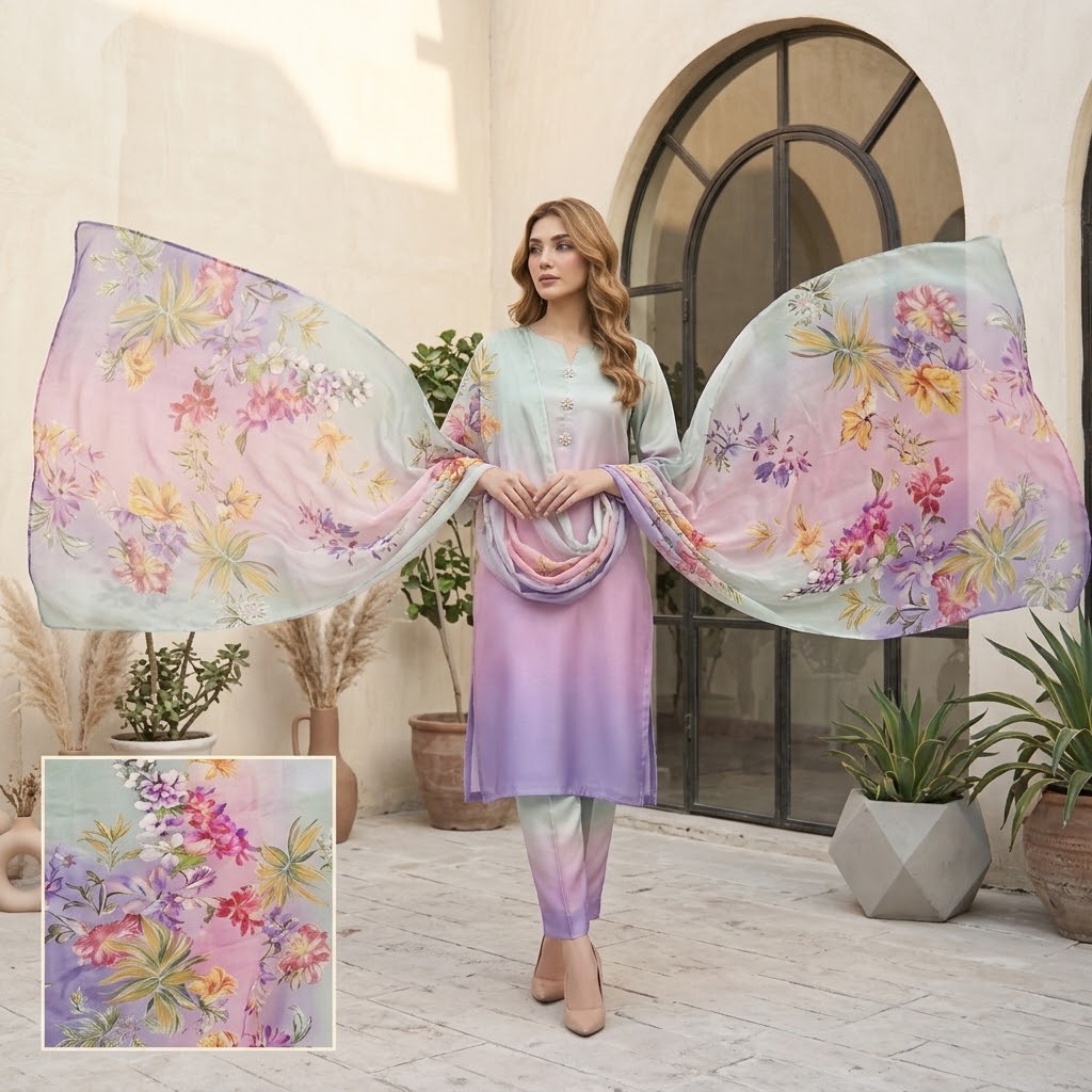3-Piece Multishaded Silky Airline Suit (Unstitched) – Design 23 | Premium Soft Silk Dress Set view 2