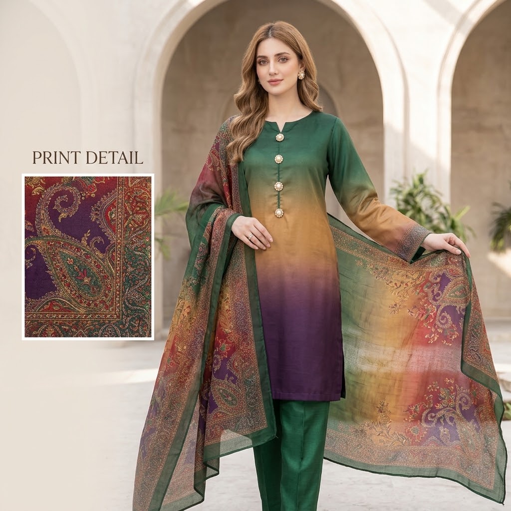 3-Piece Multishaded Digital Printed Silky Airline Suit - Design 16
