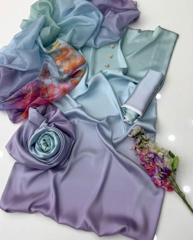 3-Piece Multishaded Silky Airline Suit (Unstitched) – Design 26 | Premium Soft Silk Dress Set view 3