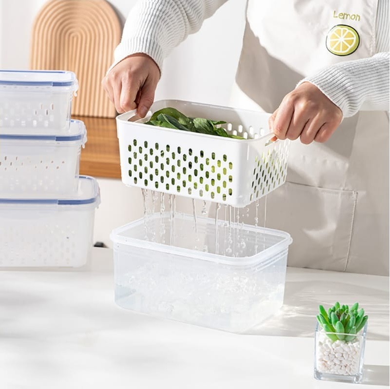Fridge Storage Box Set - 3 Pcs Sealed Draining Crisper
