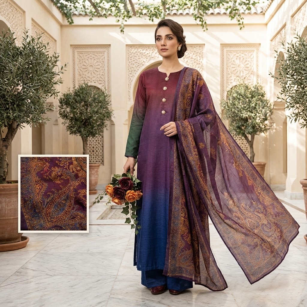 3-Piece Multishaded Digital Printed Silky Airline Suit - Design 13 view 2
