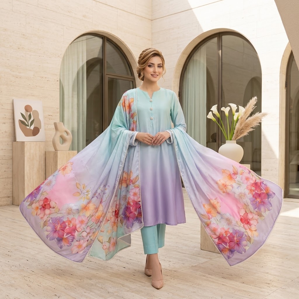 3-Piece Multishaded Silky Airline Suit (Unstitched) – Design 26 | Premium Soft Silk Dress Set