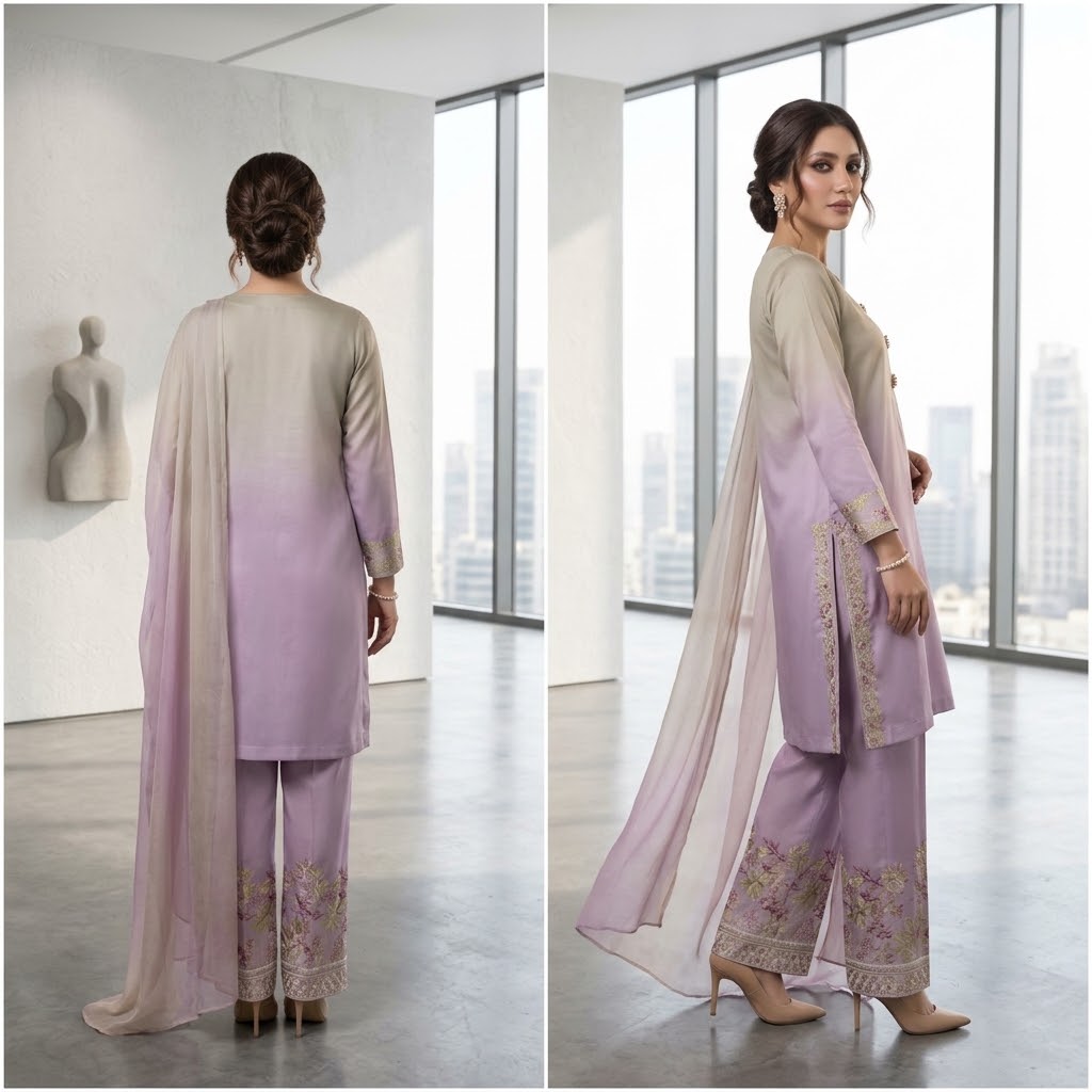 3-Piece Multishaded Silky Airline Suit (Unstitched) – Design 20 | Premium Soft Silk Dress Set