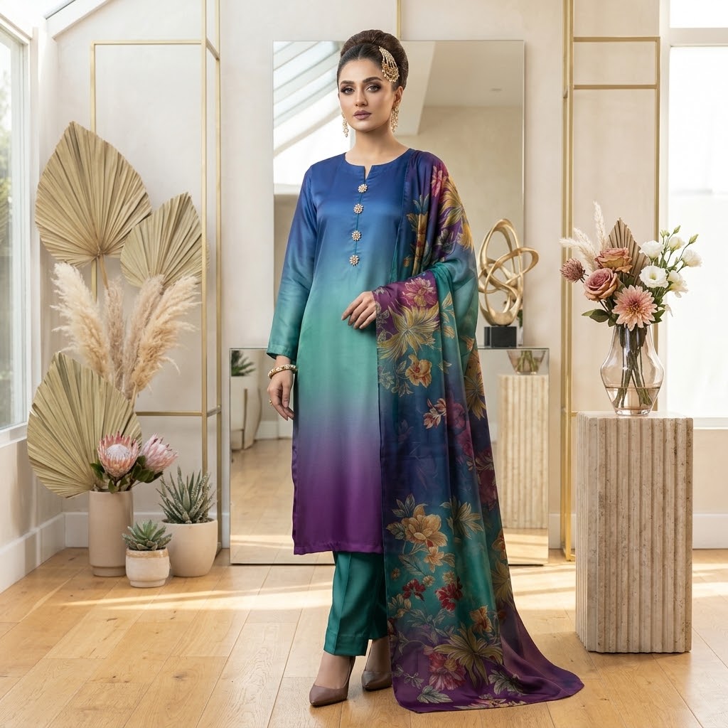 3-Piece Multishaded Silky Airline Suit (Unstitched) – Design 19 | Premium Soft Silk Dress Set view 3