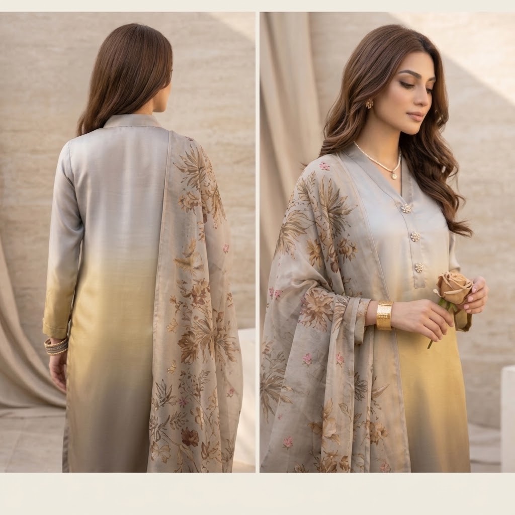 3-Piece Multishaded Digital Printed Silky Airline Suit – Design 18 Elevate your style with this elegant 3-piece multishaded digital printed Silky Airline suit. Featuring a beautiful blend