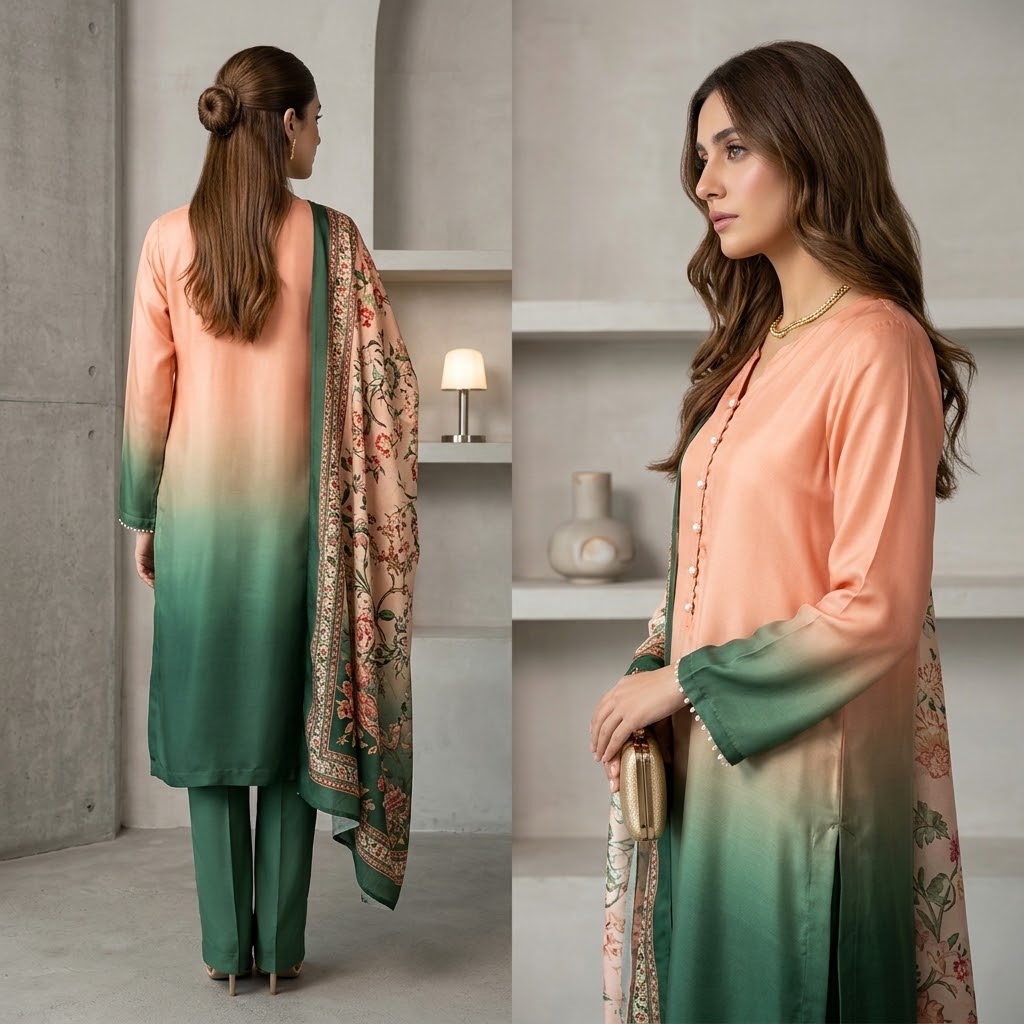 3-Piece Multishaded Digital Printed Silky Airline Suit - Design 12 unstitched