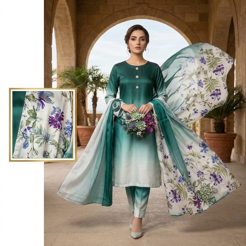 3-Piece Multishaded Digital Printed Silky Airline Suit - Design 10 unstitched