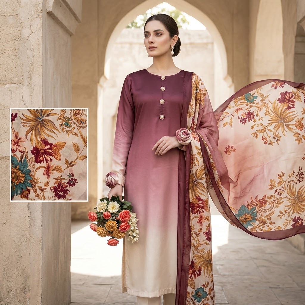 3-Piece Multishaded Digital Printed Silky Airline Suit - Design 9 unstitched