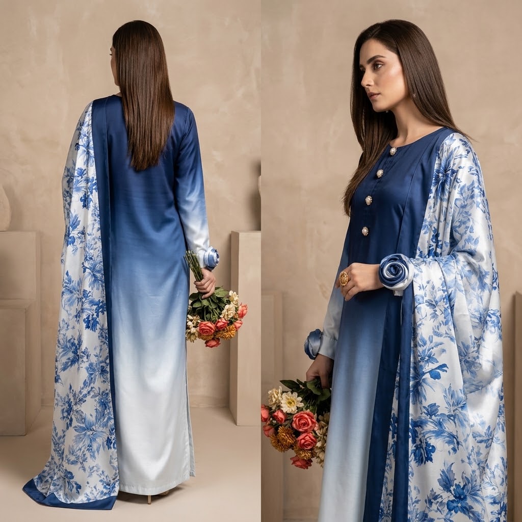 3-Piece Multishaded Digital Printed Silky Airline Suit - Design 7 unstitched