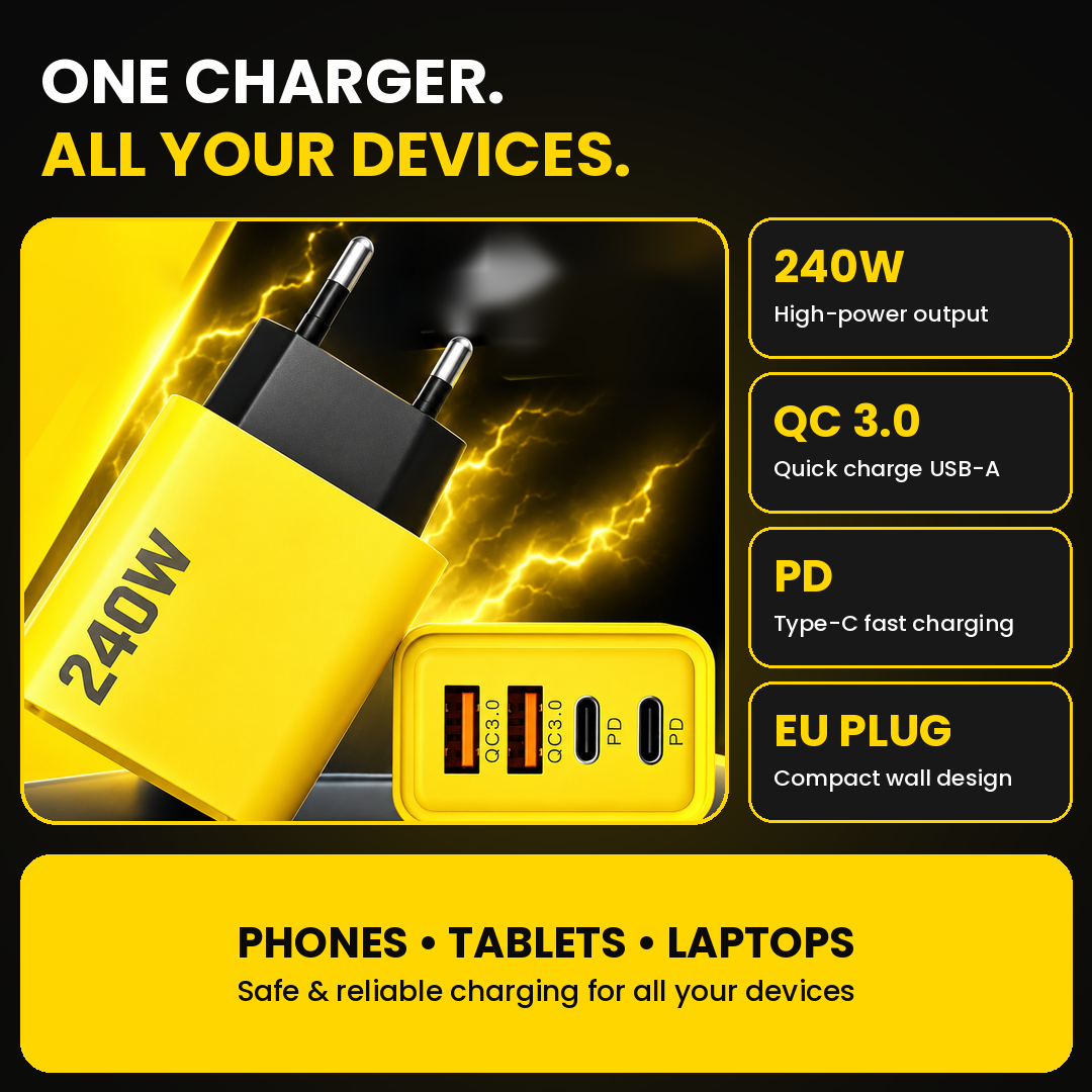 240W Fast Charging Adapter 100% Original – 4-Port USB & Type-C PD/QC3.0 Wall Charger | High-Speed Multi-Device Charger for Smartphones & Gadgets
