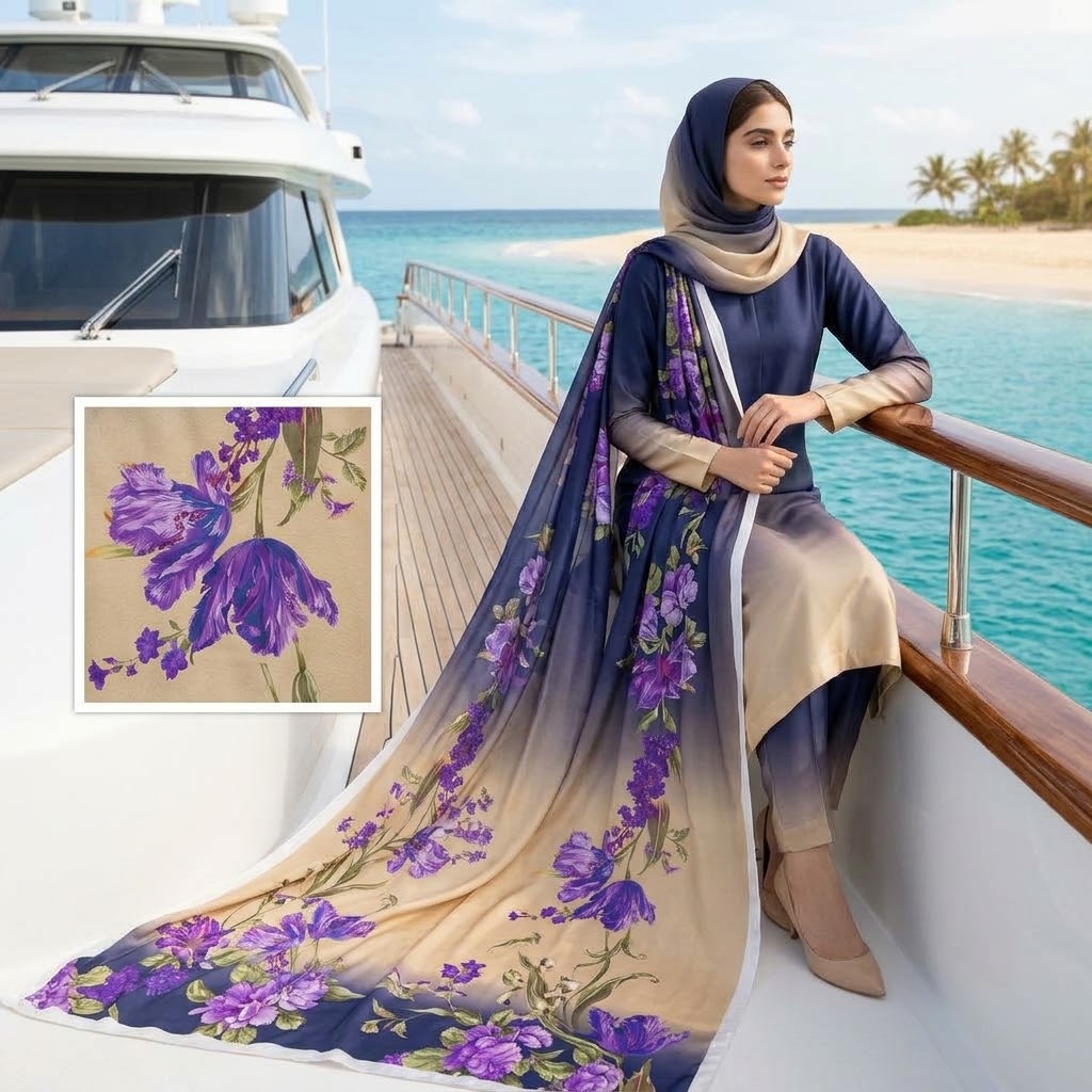 3-Piece Multishaded Digital Printed Silky Airline Suit - Unstitched (Design 5) view 2