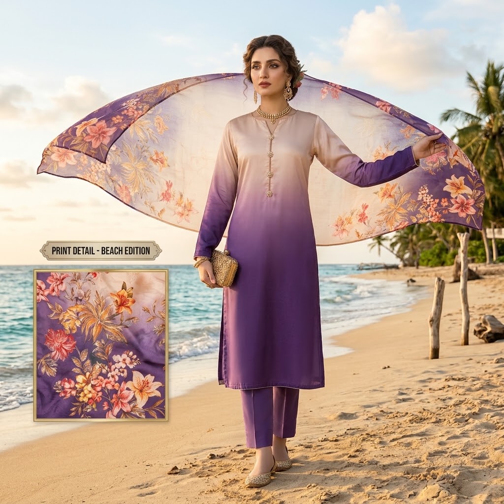 3-Piece Multishaded Digital Printed Silky Airline Suit - Design 6 unstitched
