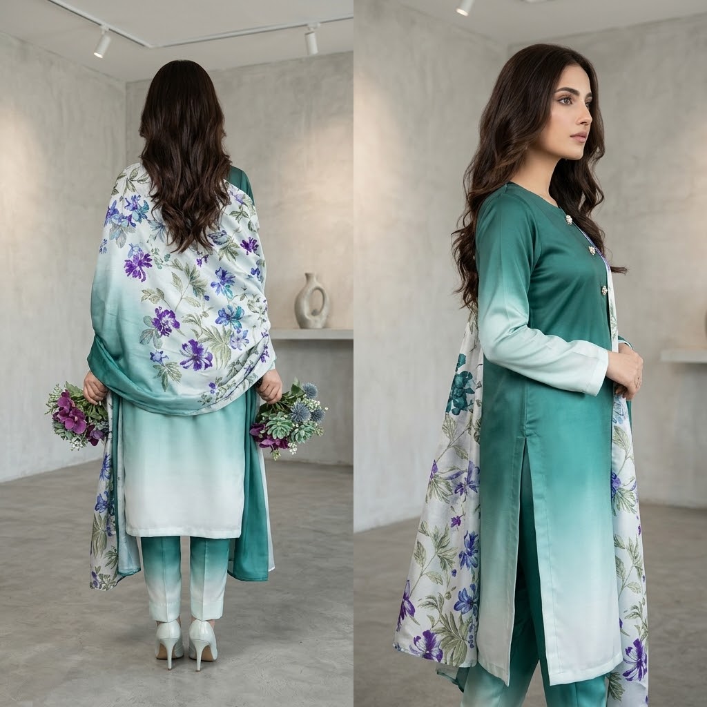 3-Piece Multishaded Digital Printed Silky Airline Suit - Design 10 unstitched view 2