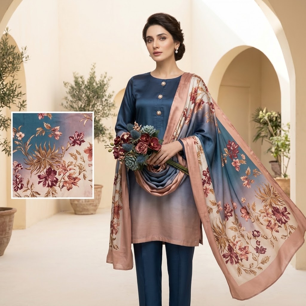 3-Piece Multishaded Digital Printed Silky Airline Suit - Design 11 view 2