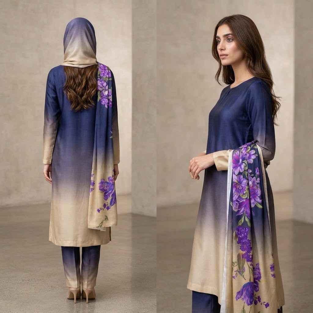 3-Piece Multishaded Digital Printed Silky Airline Suit - Unstitched (Design 5)