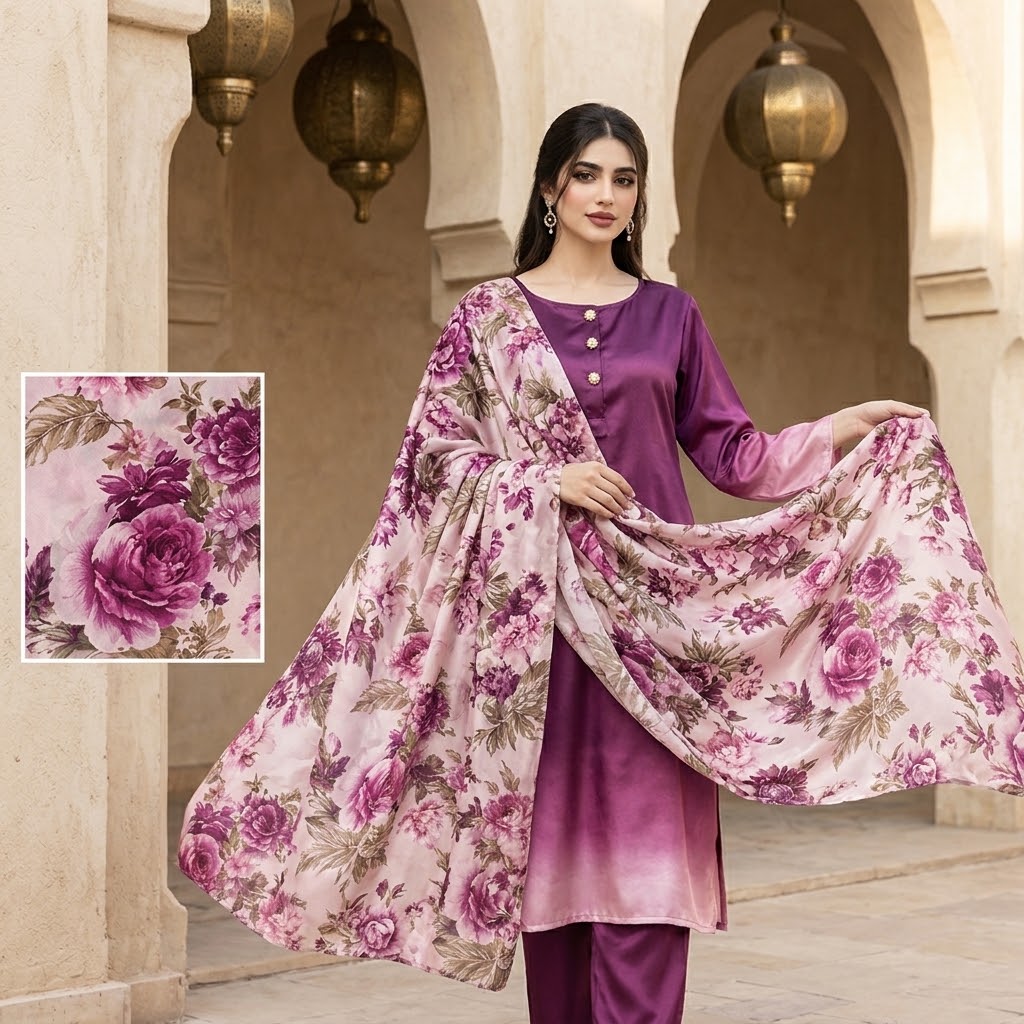 3-Piece Multishaded Digital Printed Silky Airline Suit - Design 8 unstitched view 2