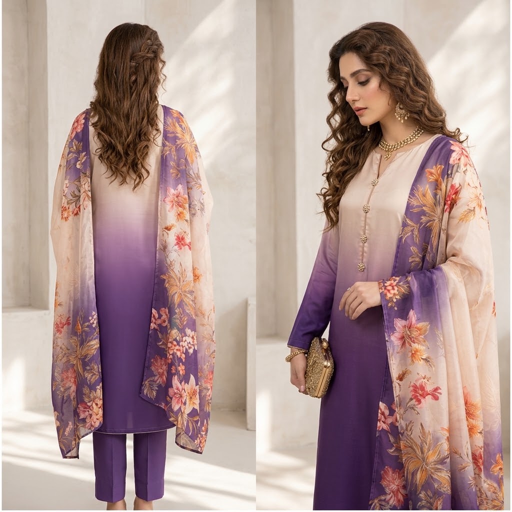 3-Piece Multishaded Digital Printed Silky Airline Suit - Design 6 unstitched view 2