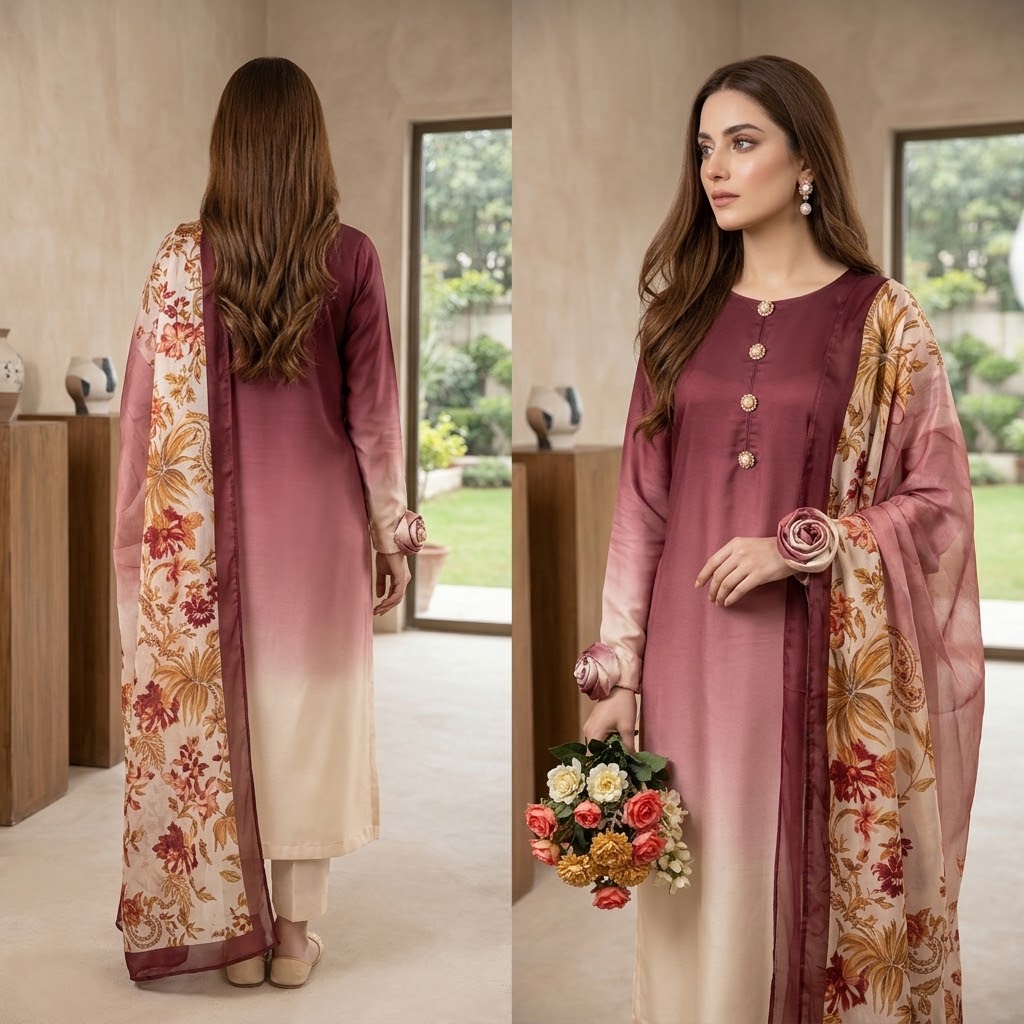 3-Piece Multishaded Digital Printed Silky Airline Suit - Design 9 unstitched view 2