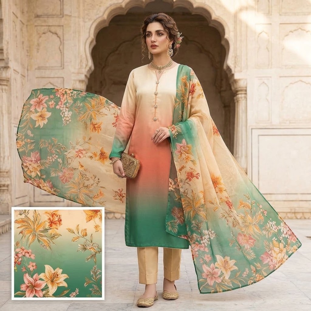 3-Piece Multishaded Digital Printed Silky Airline Suit - Design 12 unstitched view 2